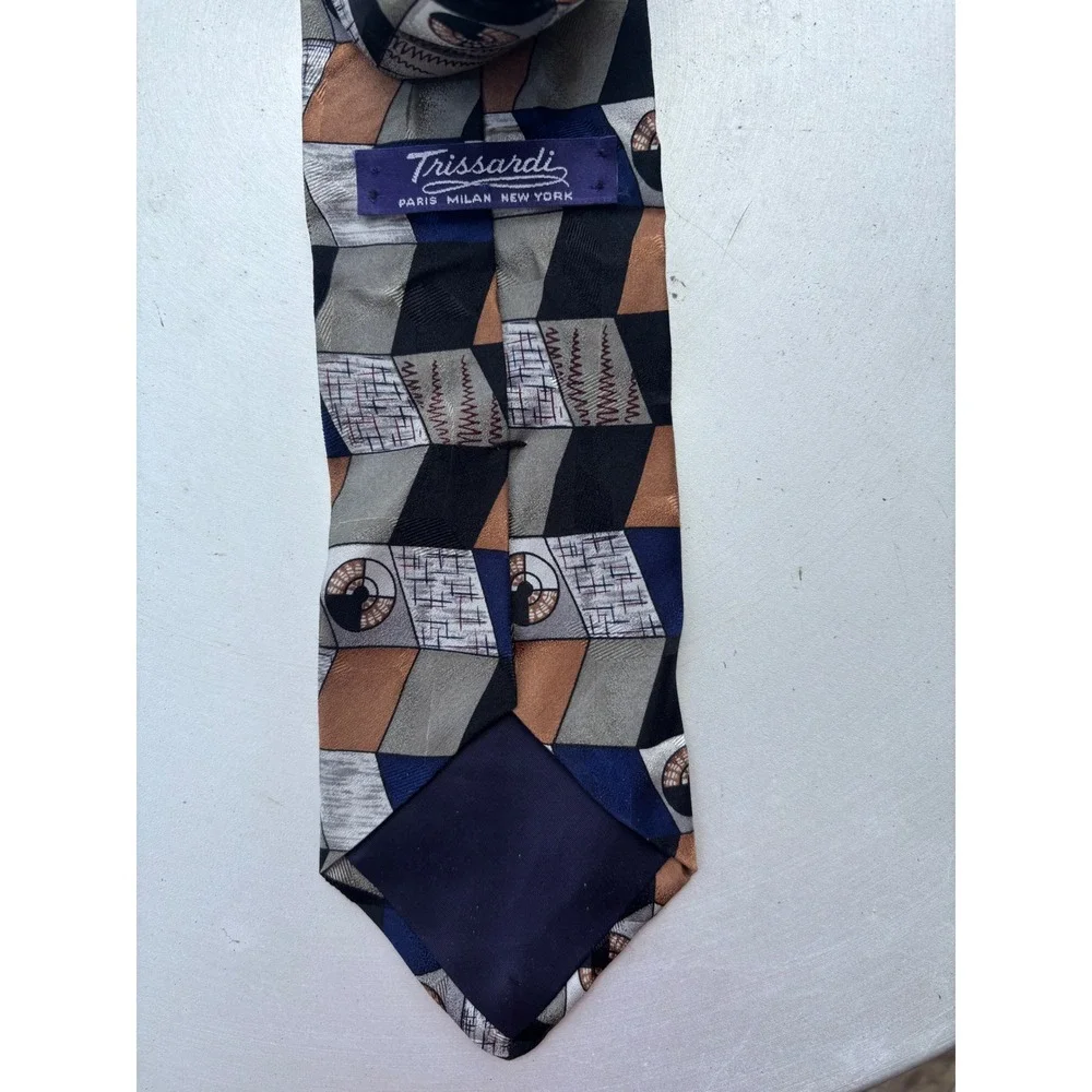 Trissardi Silk Necktie Geometric Abstract Bronze Grey Navy Blue Black‎ Mens Tie